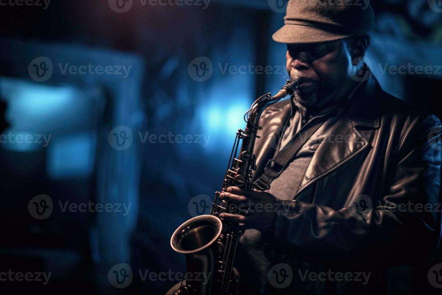 Inside a dimly lit jazz club, a saxophonist performs on stage, lost in his music. Generative AI photo