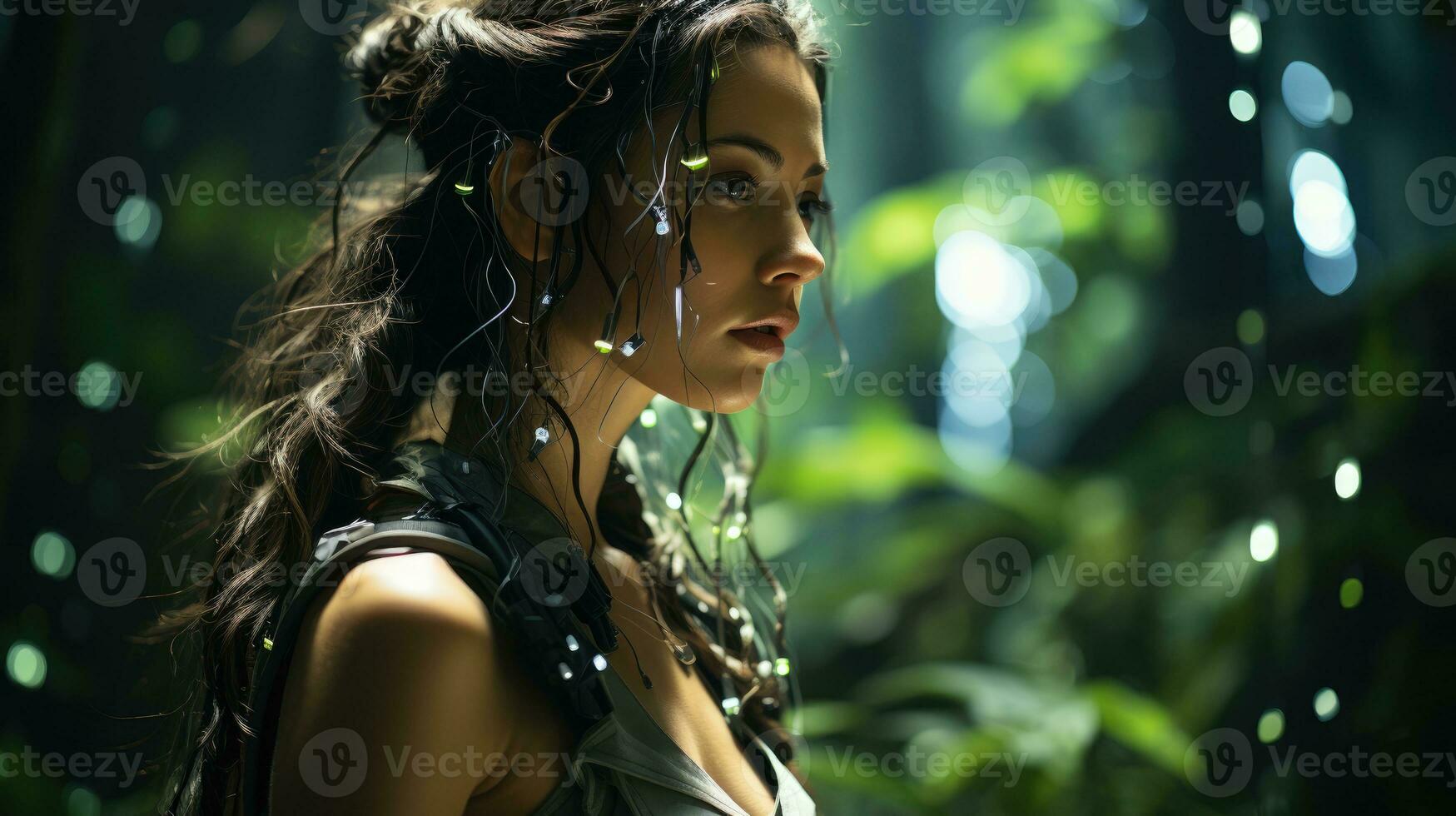 Futuristic shot, robot woman walking in a digital forest. Generative AI photo