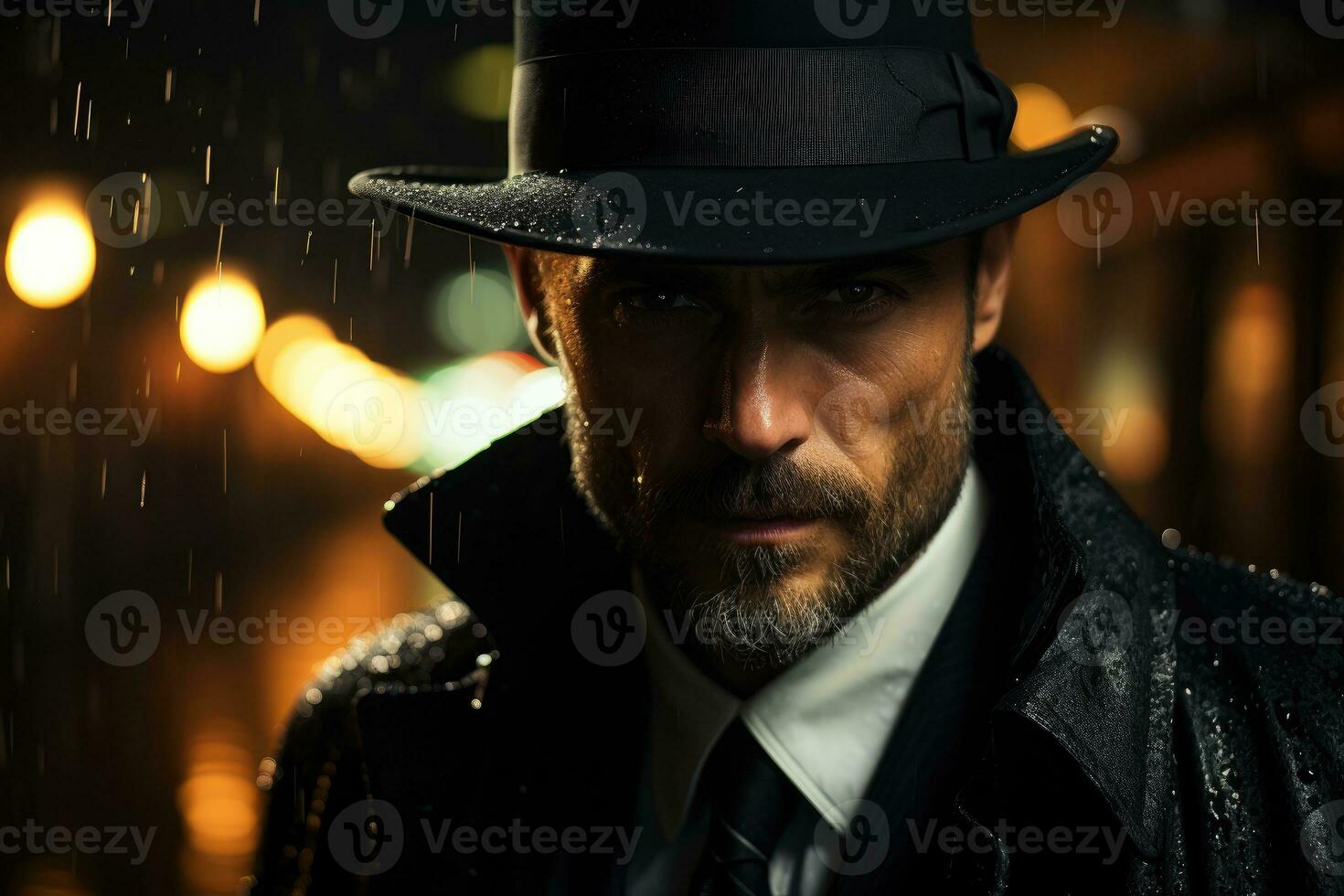 Classic film noir. a determined detective stands under a dim street lamp, encapsulating a city's unyielding grind. Generative AI photo