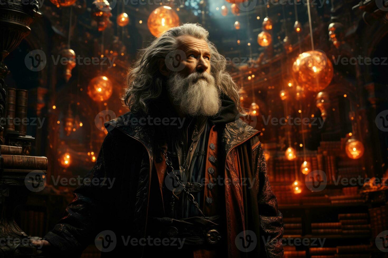 a grand wizard in a towering library, conjuring a spell amid ancient tomes and ethereal light. Generative AI. photo