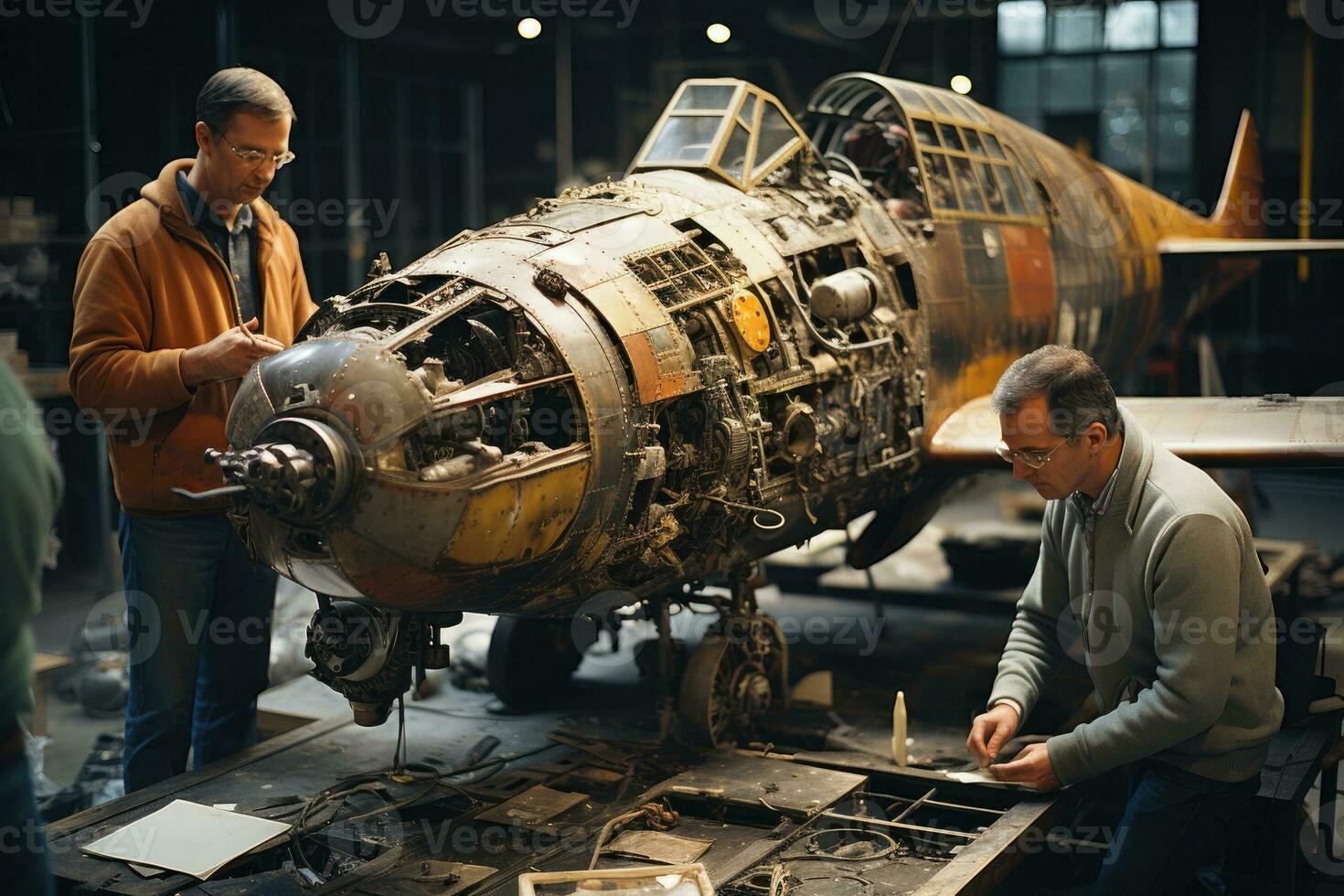 Aeronautical documentary. engineers working on a vintage aircraft depict relentless innovation and timeless flight allure. Generative AI. photo