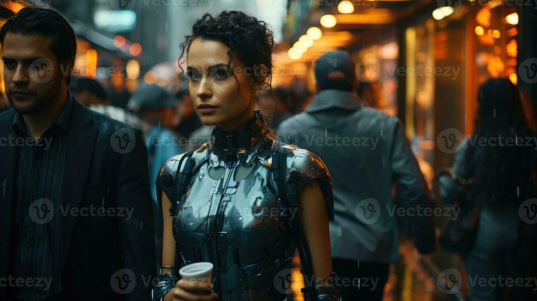 Futuristic shot, android woman walking among humans in a busy city street. Generative AI photo
