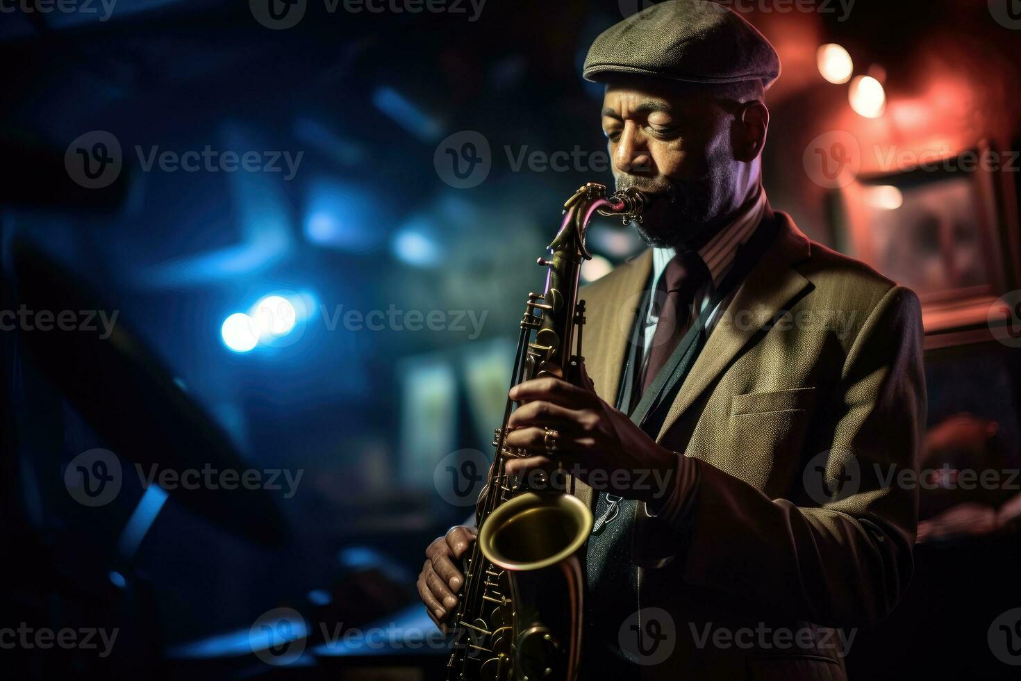 Inside a dimly lit jazz club, a saxophonist performs on stage, lost in his music. Generative AI photo