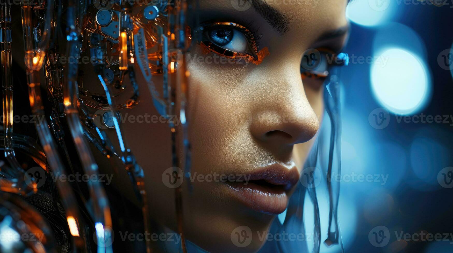 Futuristic shot, human merging with digital code. Generative AI photo