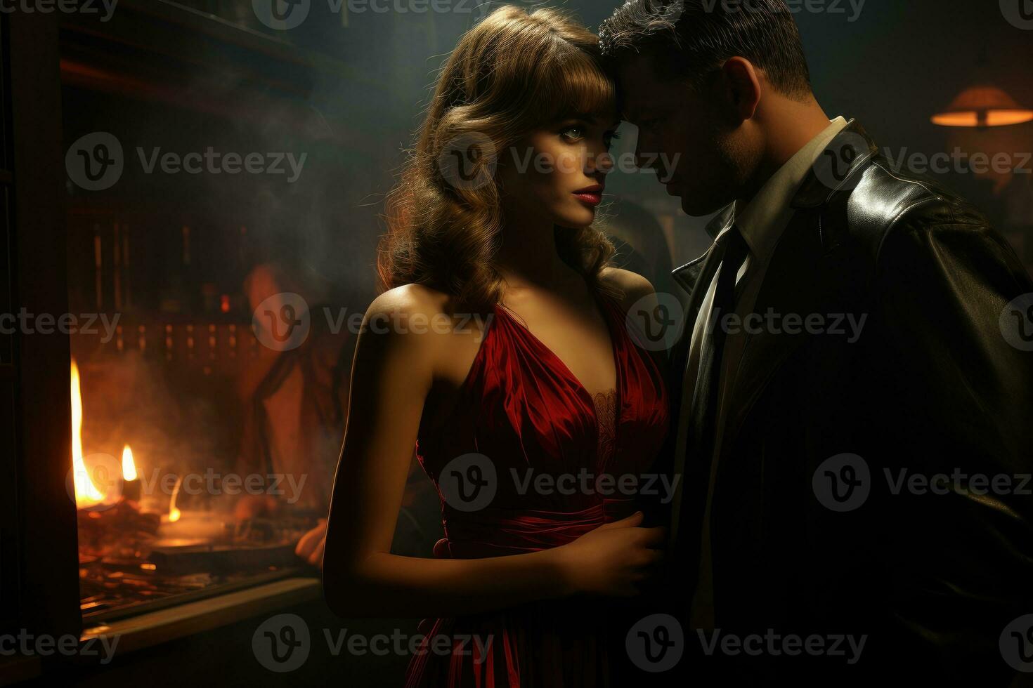 A woman in red converses urgently with a man in a trench coat. Generative AI photo