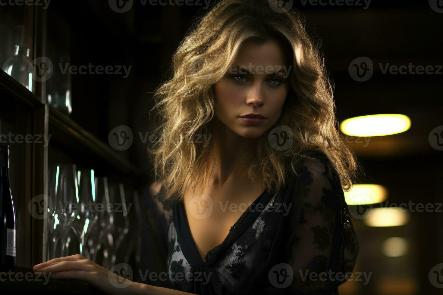 A femme fatale woman in a dimly lit bar. Generative AI photo