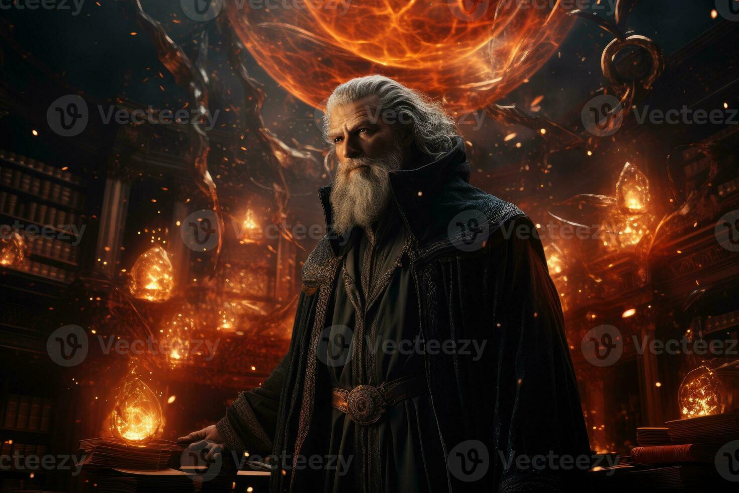 Epic fantasy. a grand wizard in a towering library, conjuring a spell amid ancient tomes and ethereal light. Generative AI. photo