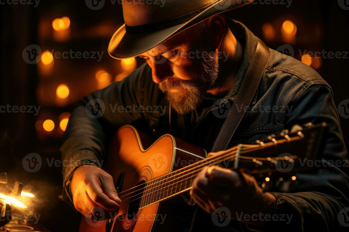 A musician tuning his vintage acoustic guitar in warm light. Generative AI photo