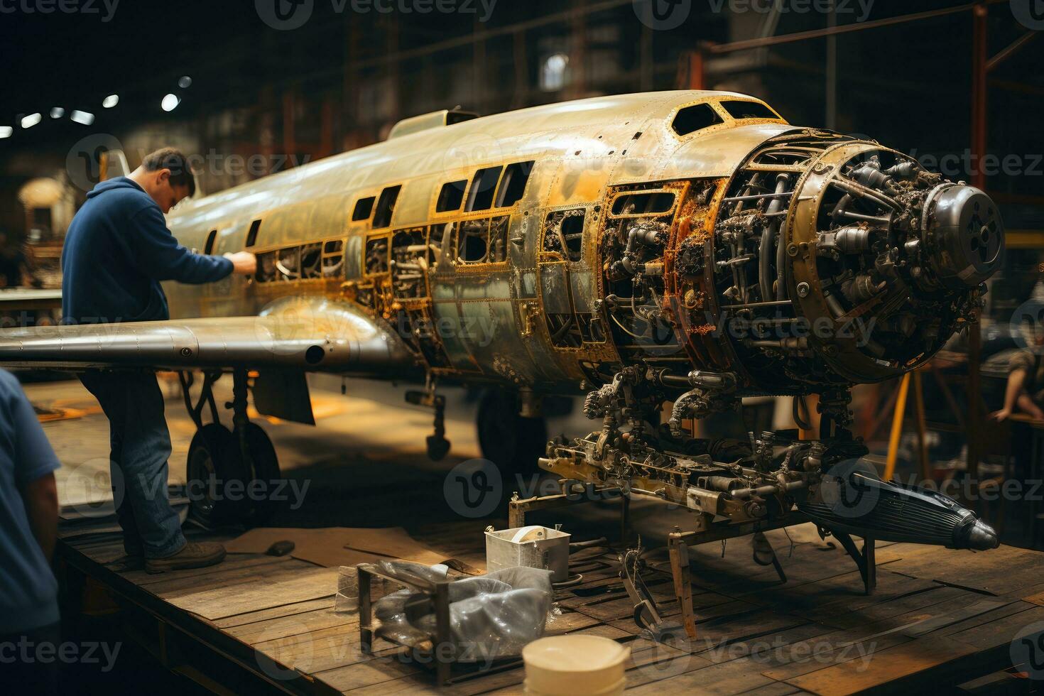 Aeronautical documentary. engineers working on a vintage aircraft depict relentless innovation and timeless flight allure. Generative AI. photo