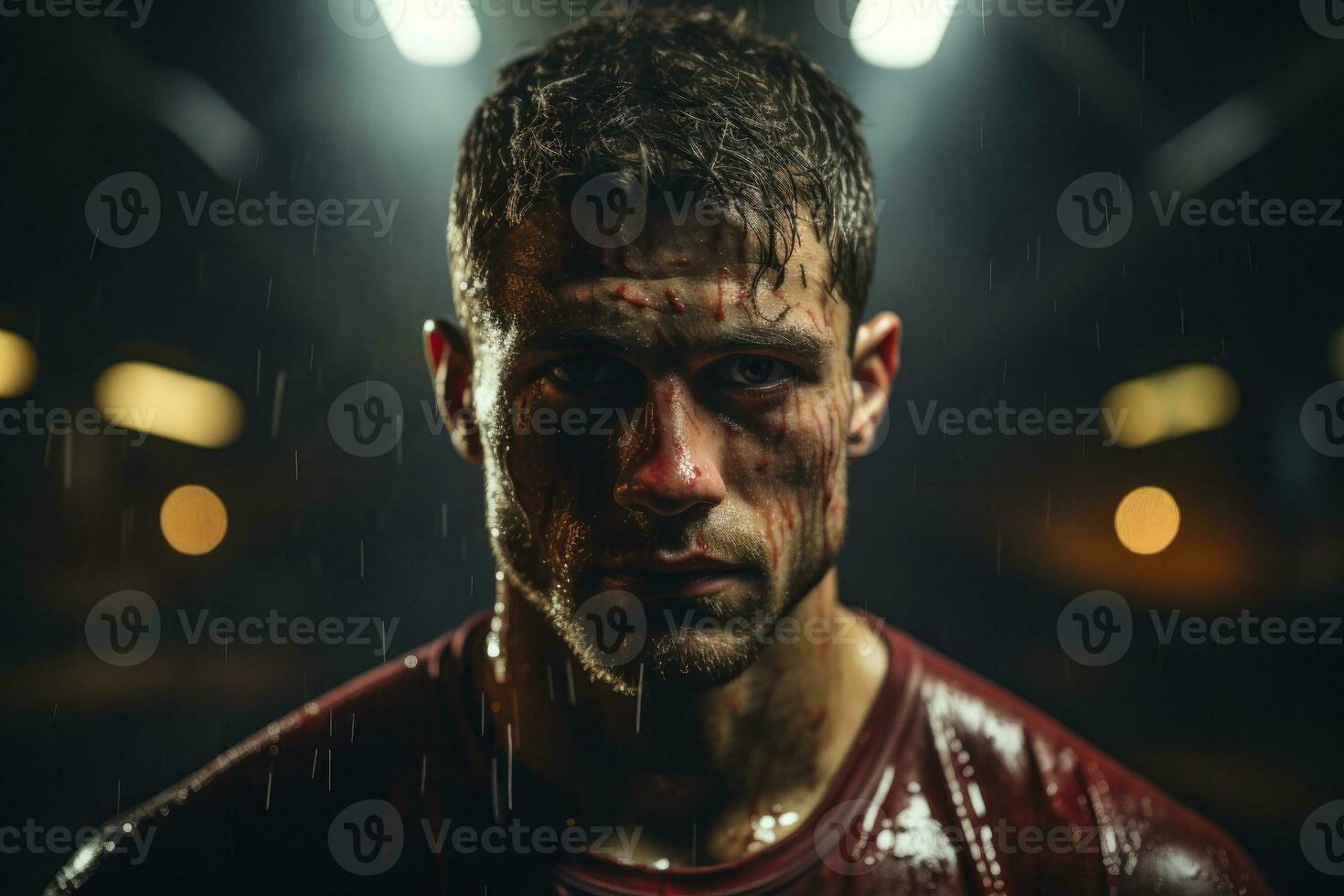 A boxer trains intensely in a dimly lit gym. Generative AI photo