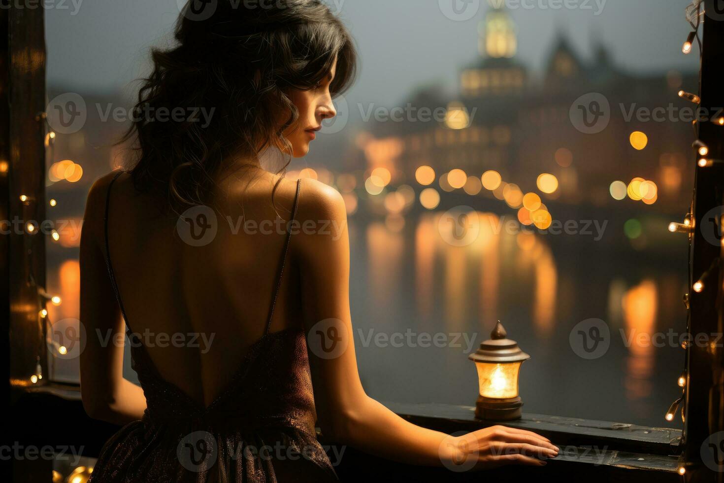 mujer propensión en el barandilla de un puente, mirando a un calma río. generativo ai foto