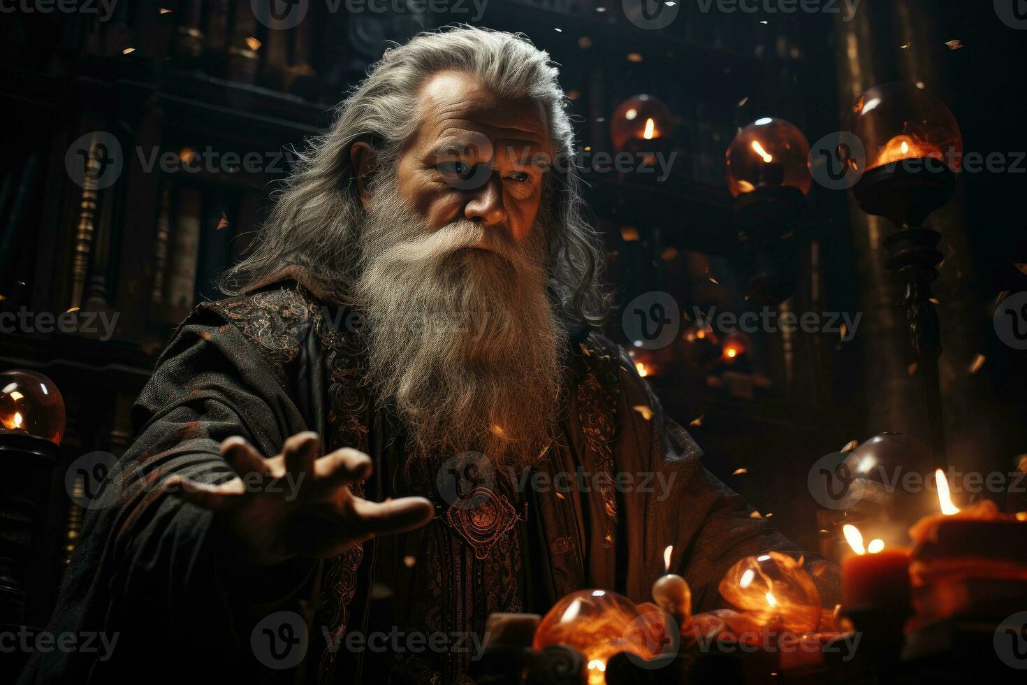 Epic fantasy, a grand wizard in a towering library, conjuring a spell amid ancient tomes and ethereal light. Generative AI. photo