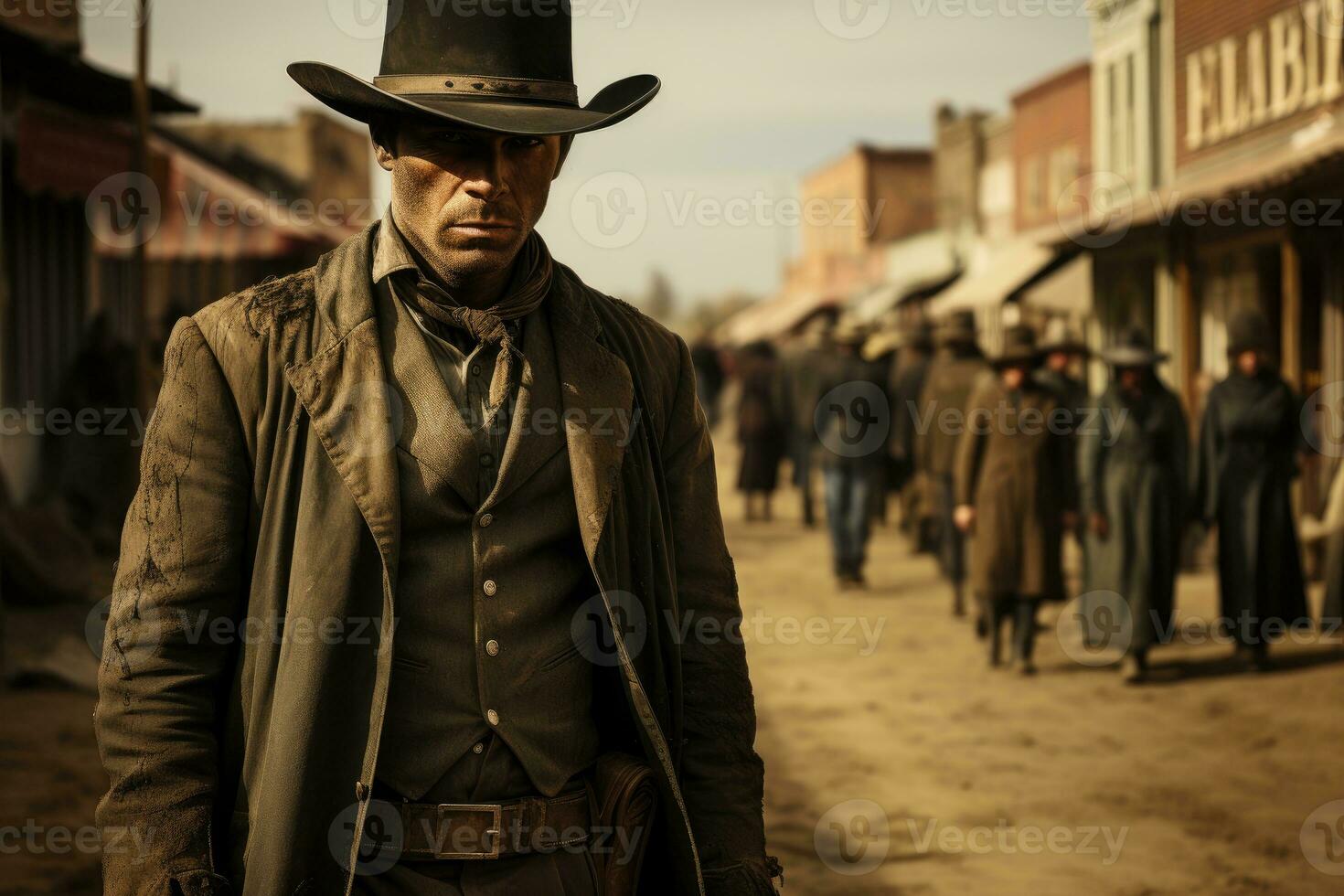 A cowboy prepares for a duel in a Wild West town. Generative AI photo