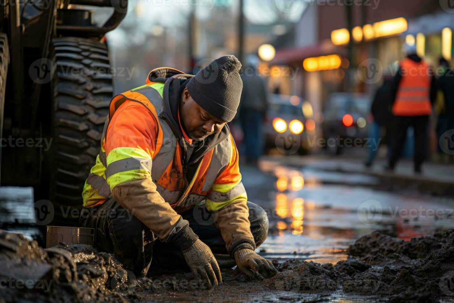 Road worker filling a pothole in an urban environment. Generative AI photo