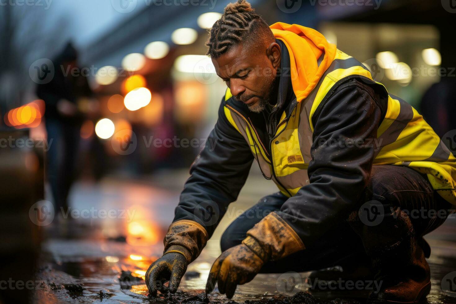 Road worker filling a pothole in an urban environment. Generative AI photo