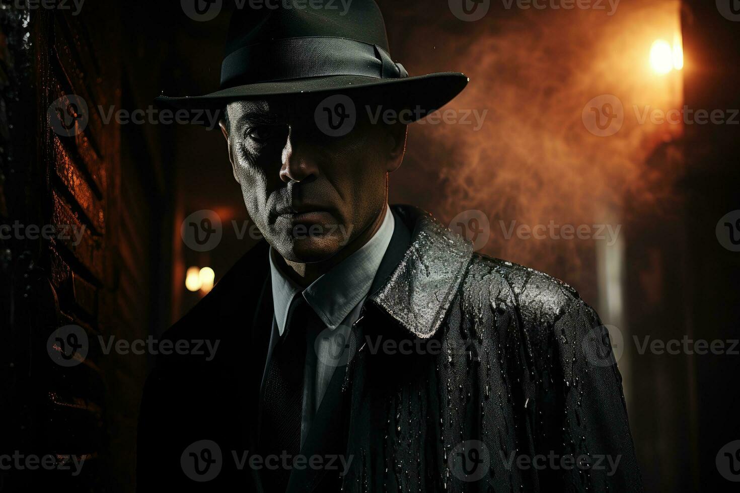 A detective stands under a dim street lamp on rain-soaked streets. Generative AI photo