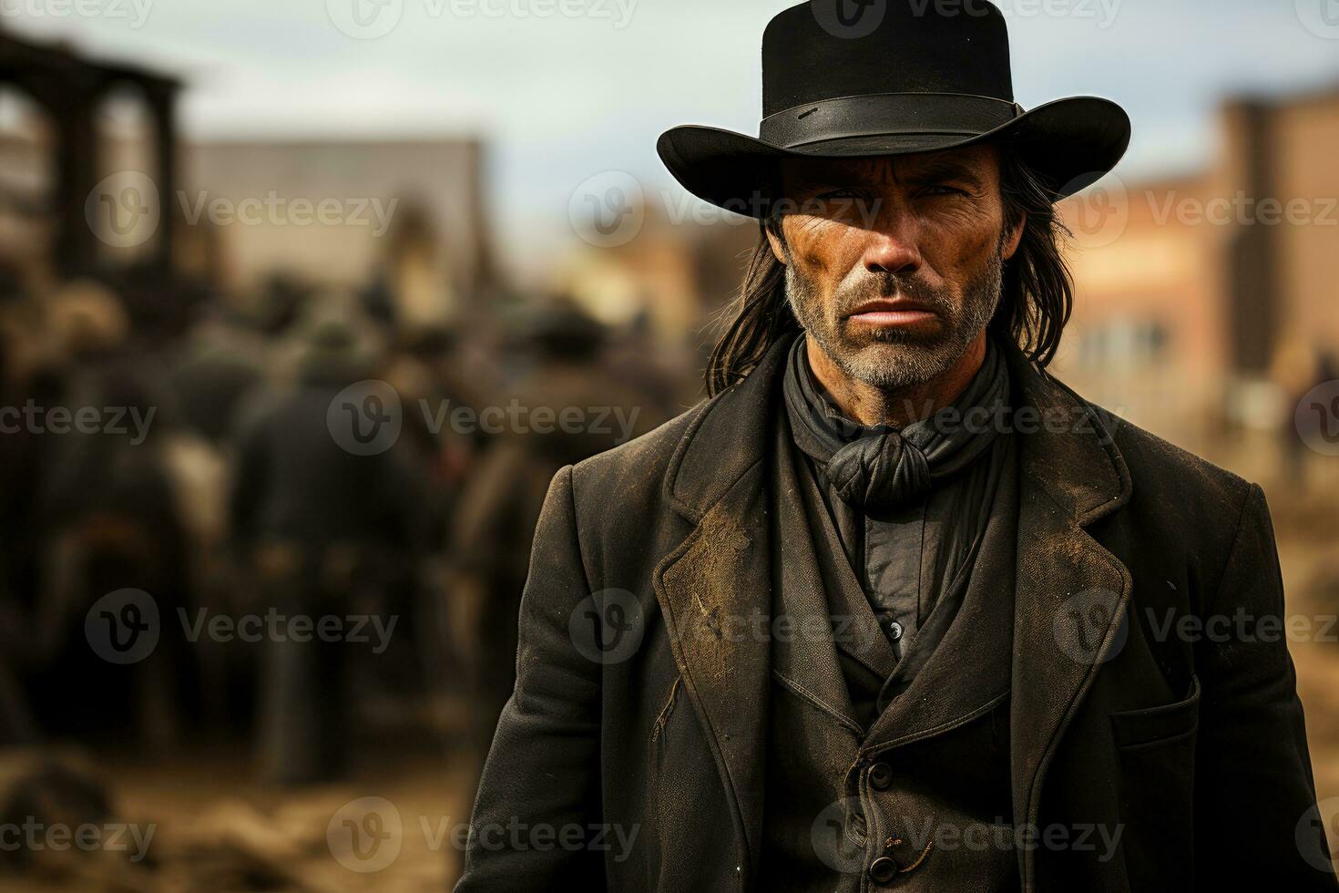 A cowboy prepares for a duel in a Wild West town. Generative AI photo