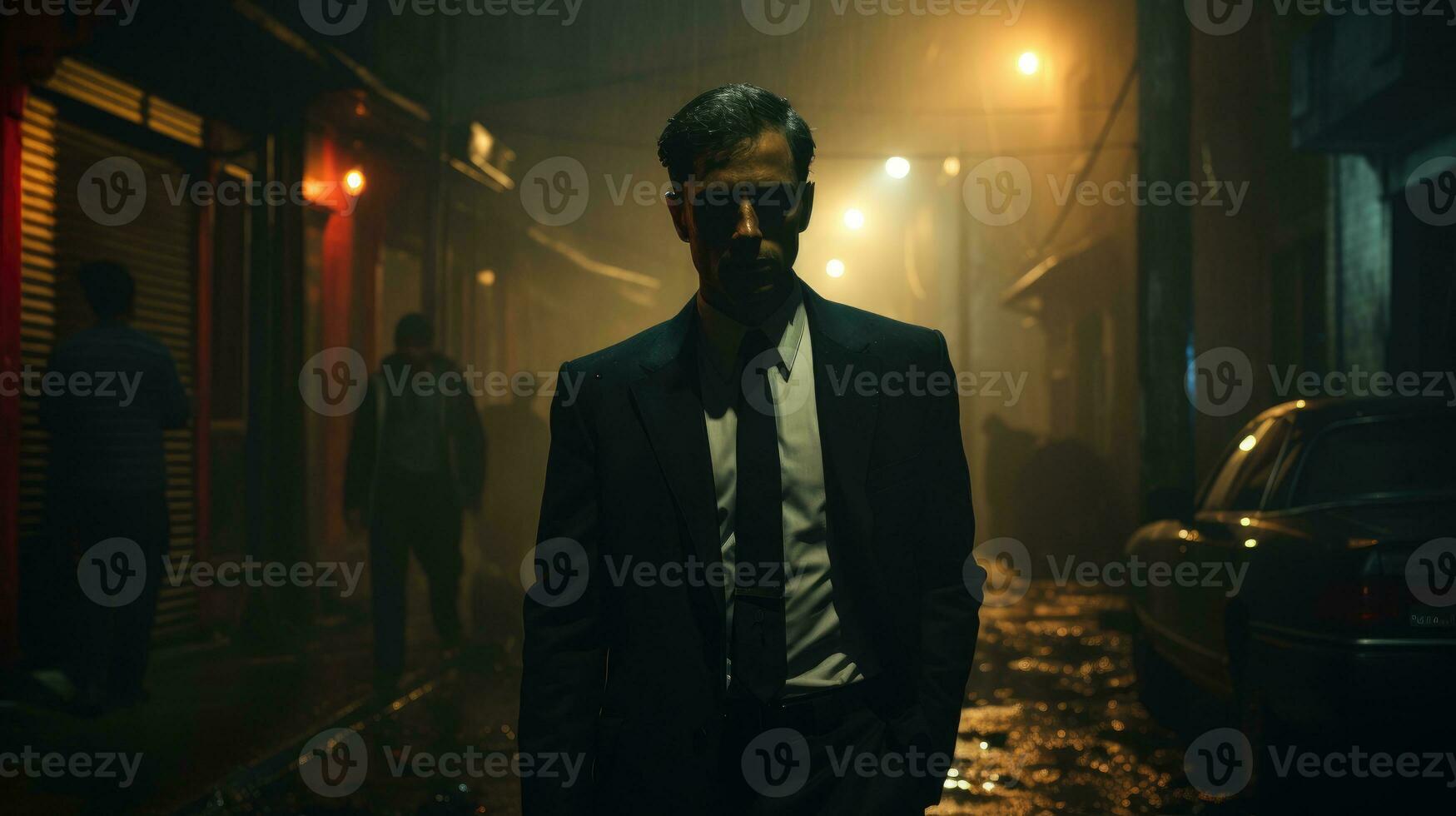 An Italian undercover agent wearing a black tuxedo and trench coat enters a dark and dangerous-looking alley. photo