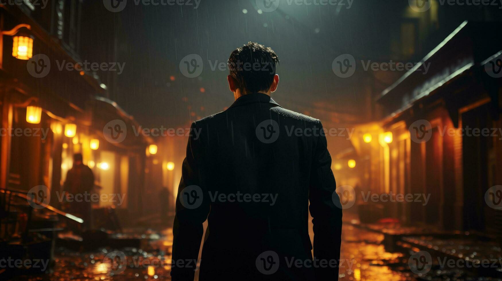 An Italian undercover agent wearing a black tuxedo and trench coat enters a dark and dangerous-looking alley. photo