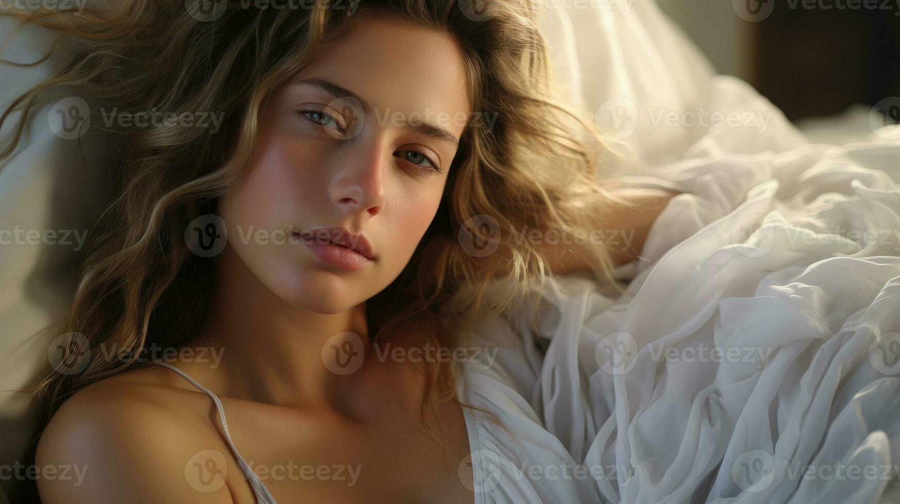 hermosa mujer despertar arriba en el Mañana acostado en cama Entre blanco hojas. foto