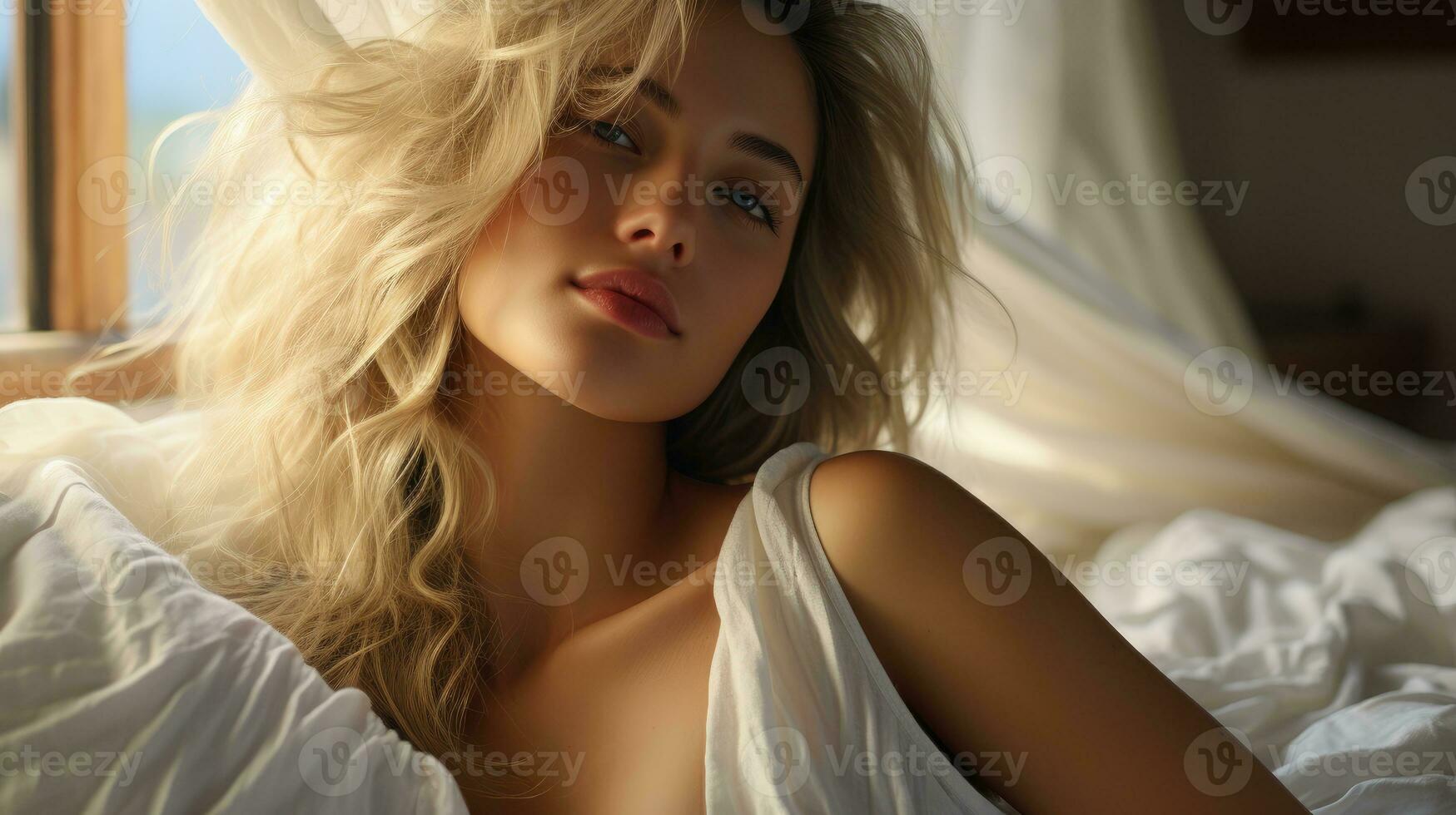 hermosa mujer despertar arriba en el Mañana acostado en cama Entre blanco hojas. foto