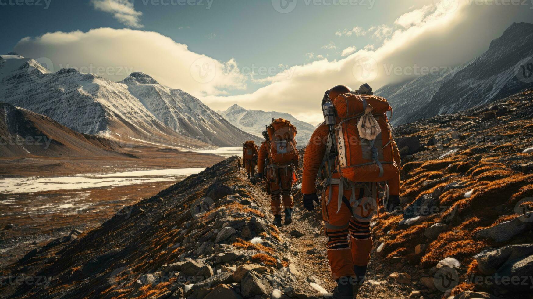 A group of astronauts walking on Mars to explore. photo