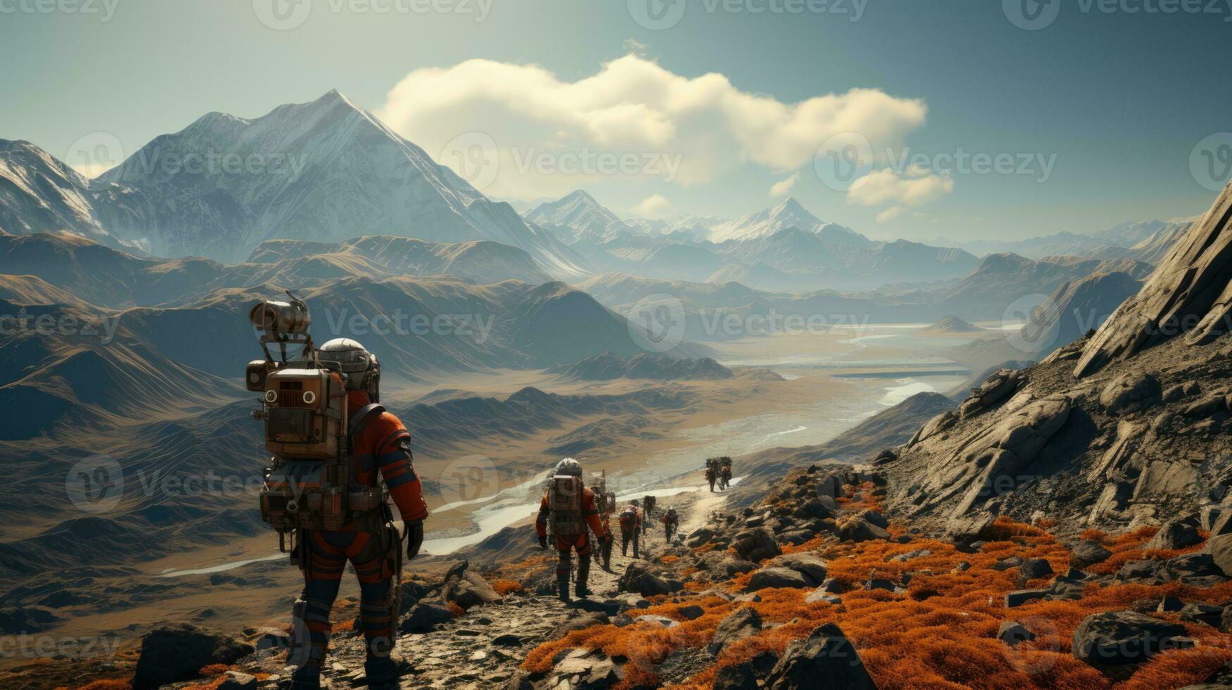 A group of astronauts walking on Mars to explore. photo