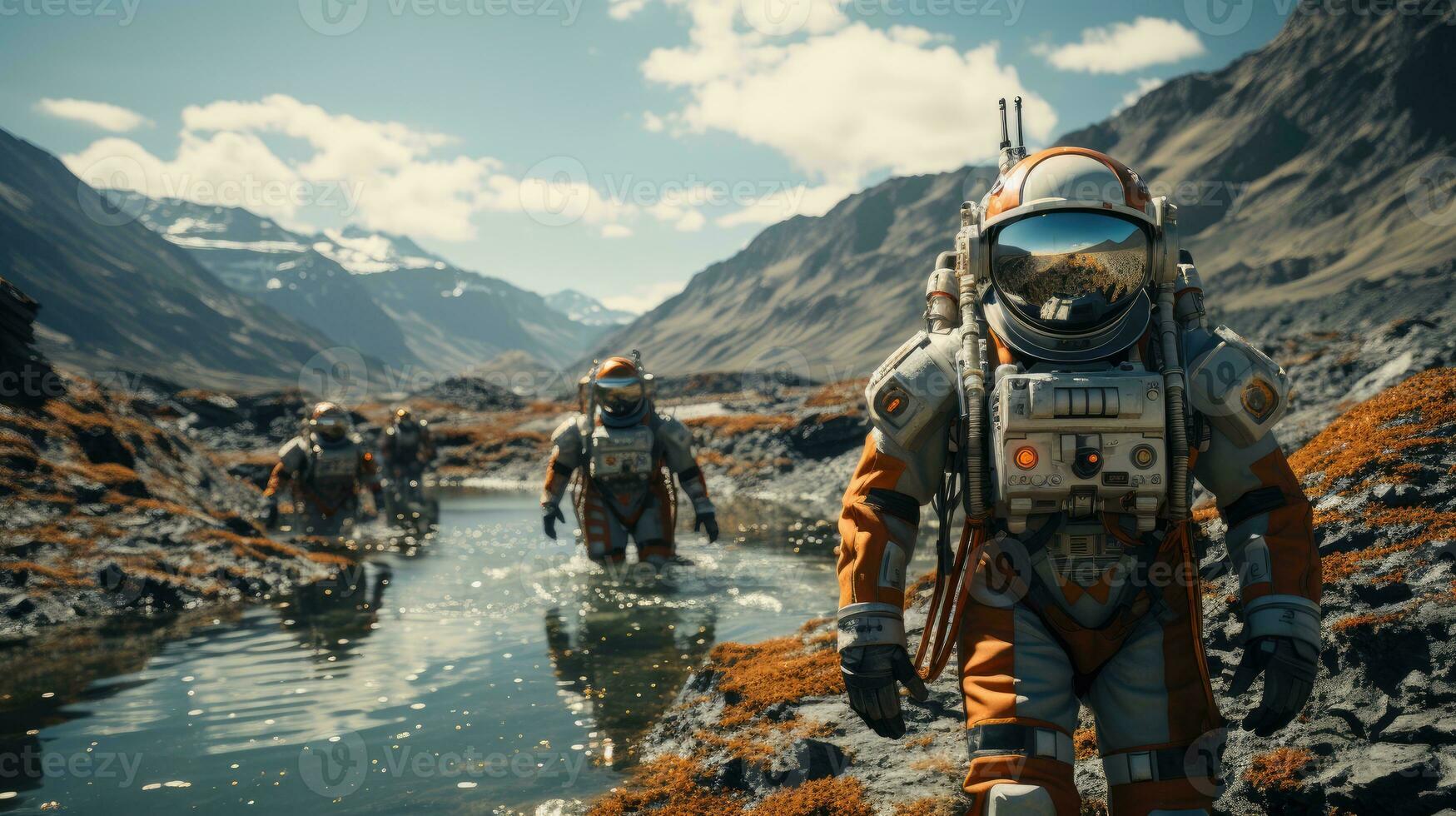 A group of astronauts walking on Mars to explore. photo