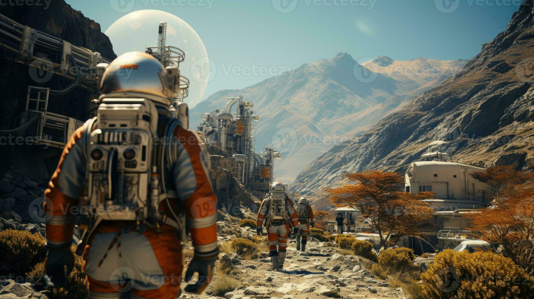 A group of astronauts walking on Mars to explore. photo