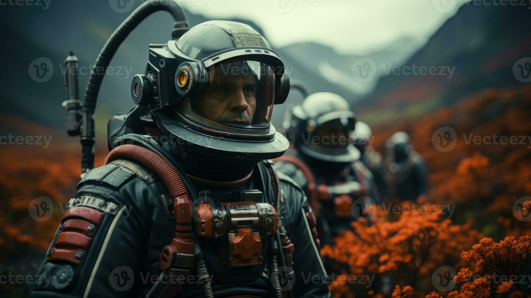 A group of astronauts walking on Mars to explore. photo