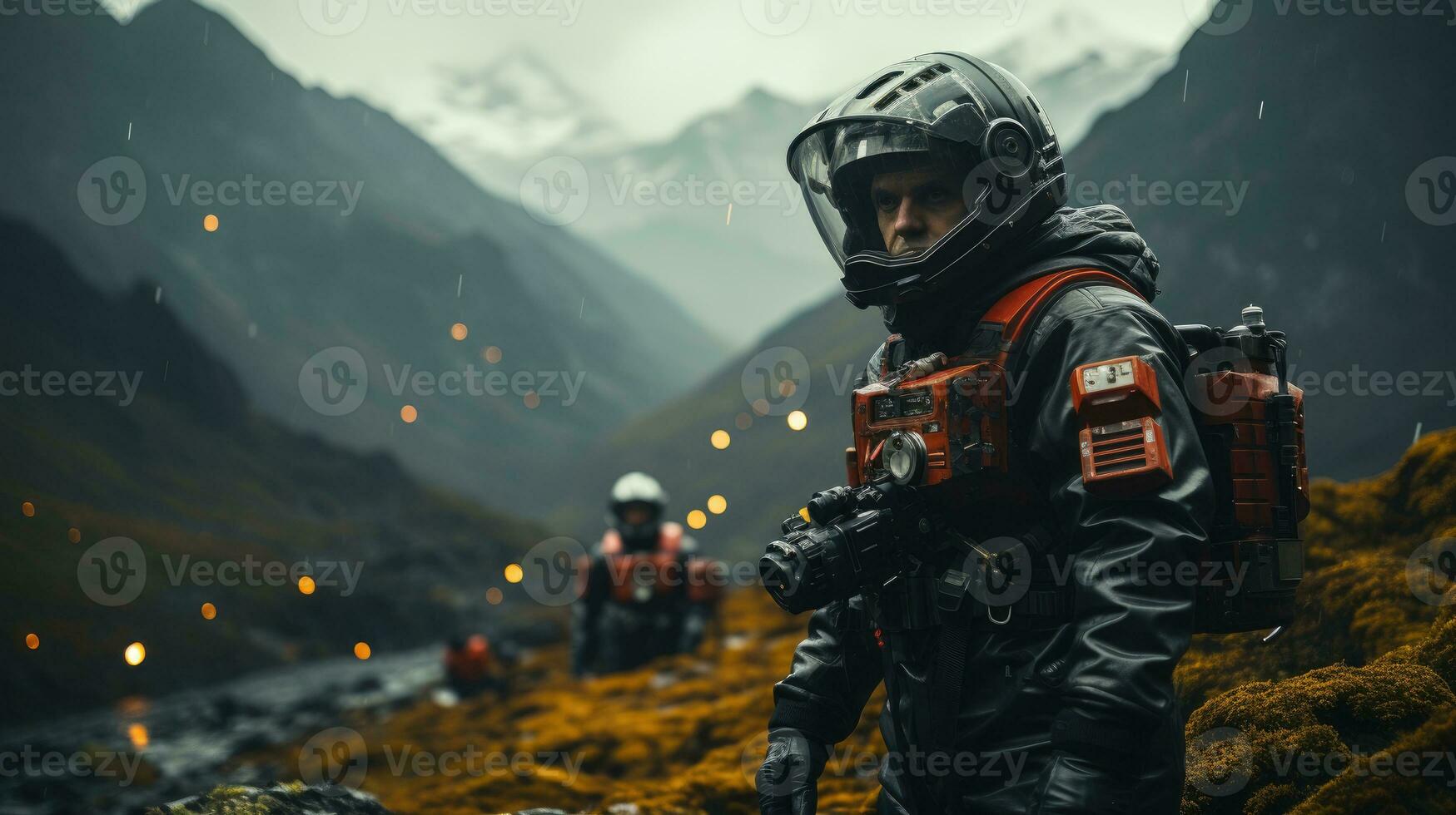 A group of astronauts walking on Mars to explore. photo