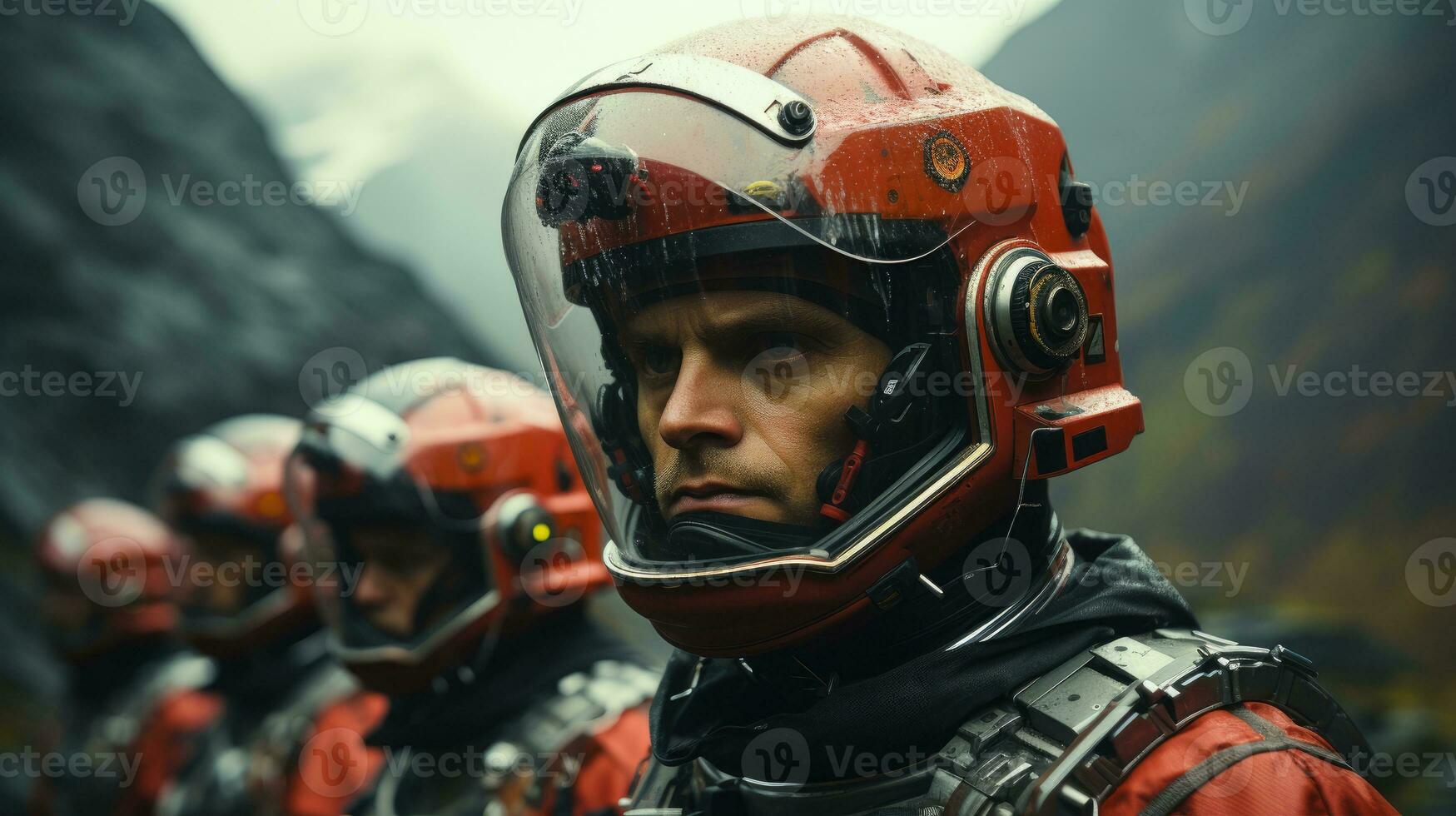 A group of astronauts walking on Mars to explore. photo