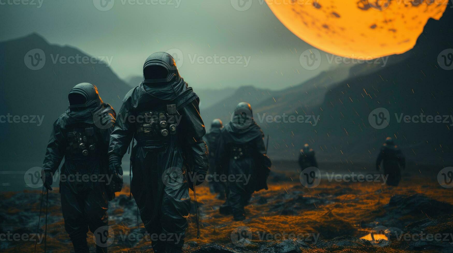 A group of astronauts walking on Mars to explore. photo