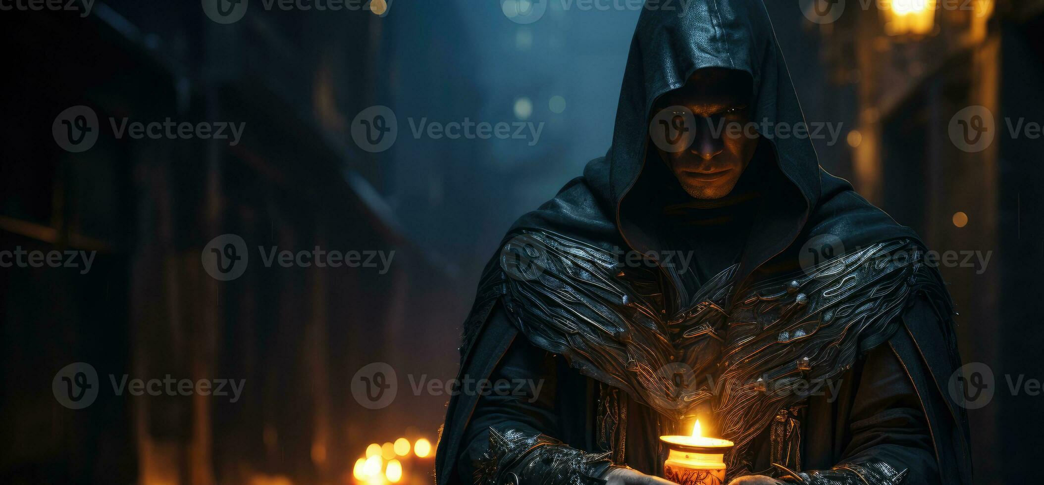 A masked man in a black cloak standing in a dark alleyway. photo
