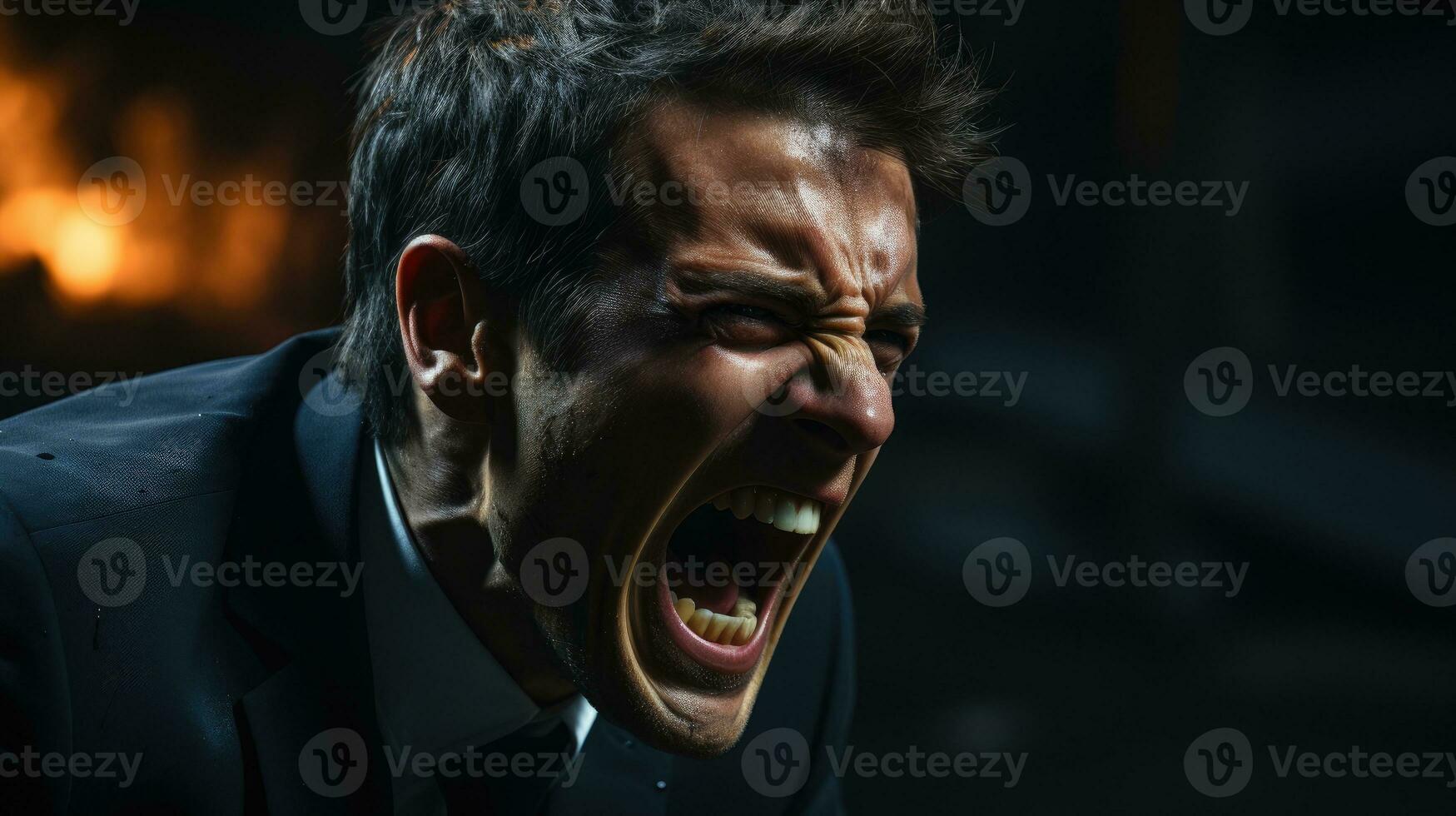 Businessman in a suit shouts angrily. His face is contorted with anger. photo