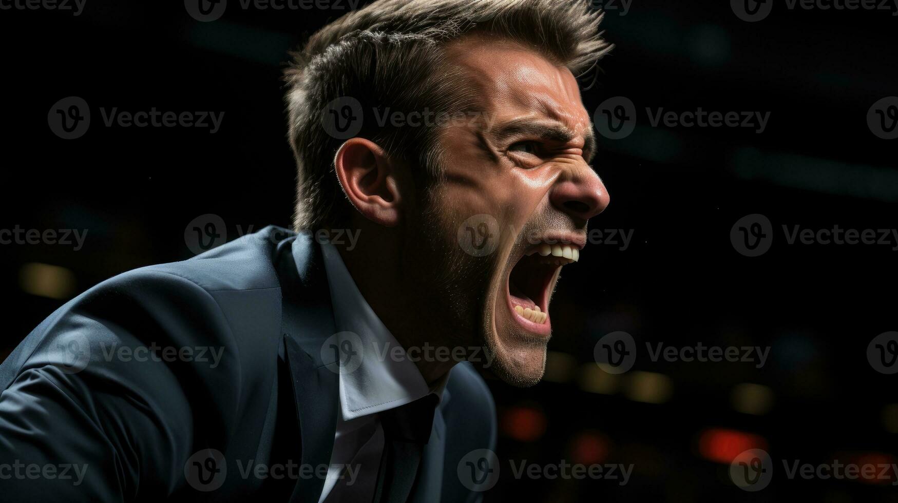 Businessman in a suit shouts angrily. His face is contorted with anger. photo