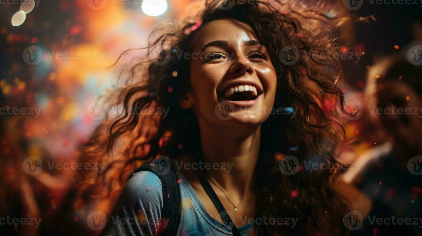 Close-up shot of a happy woman among confetti at a New Year's Eve celebration. photo