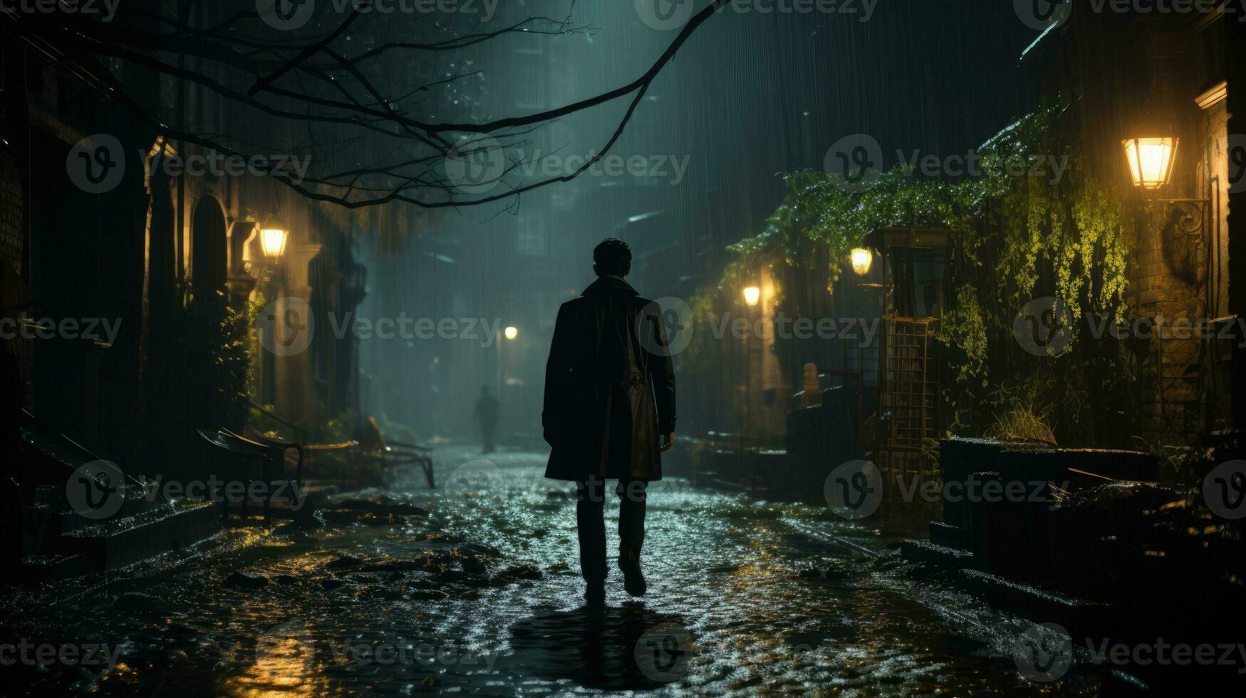 An Italian undercover agent wearing a black tuxedo and trench coat enters a dark and dangerous-looking alley. photo