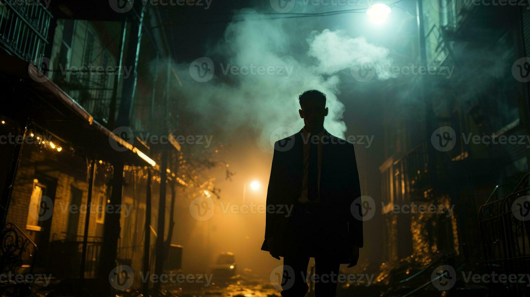 An Italian undercover agent wearing a black tuxedo and trench coat enters a dark and dangerous-looking alley. photo