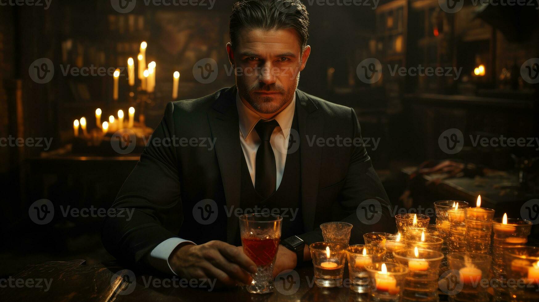 un hombre en un negro traje poses en un tenuemente iluminado bar con un Bebiendo vaso. foto