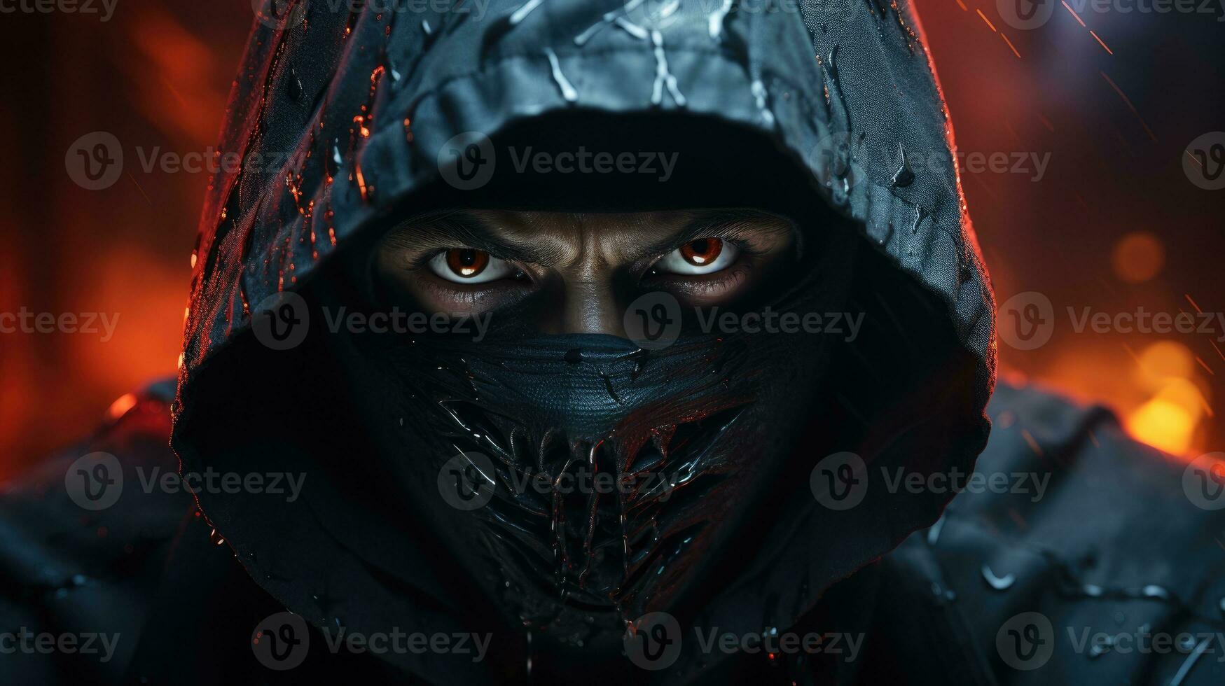 An angry, mysterious man in a black hoodie with red light in his eyes. photo
