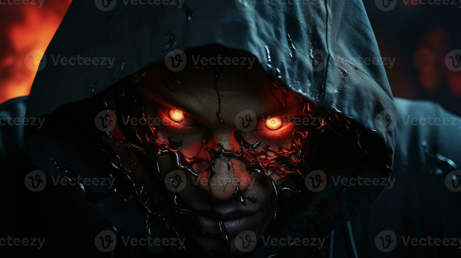 An angry, mysterious man in a black hoodie with red light in his eyes. photo