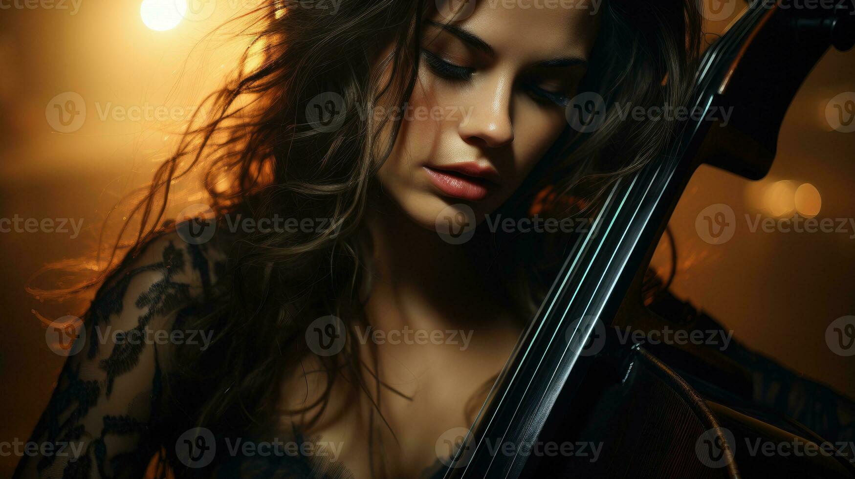Beautiful woman in black dress playing cello. photo