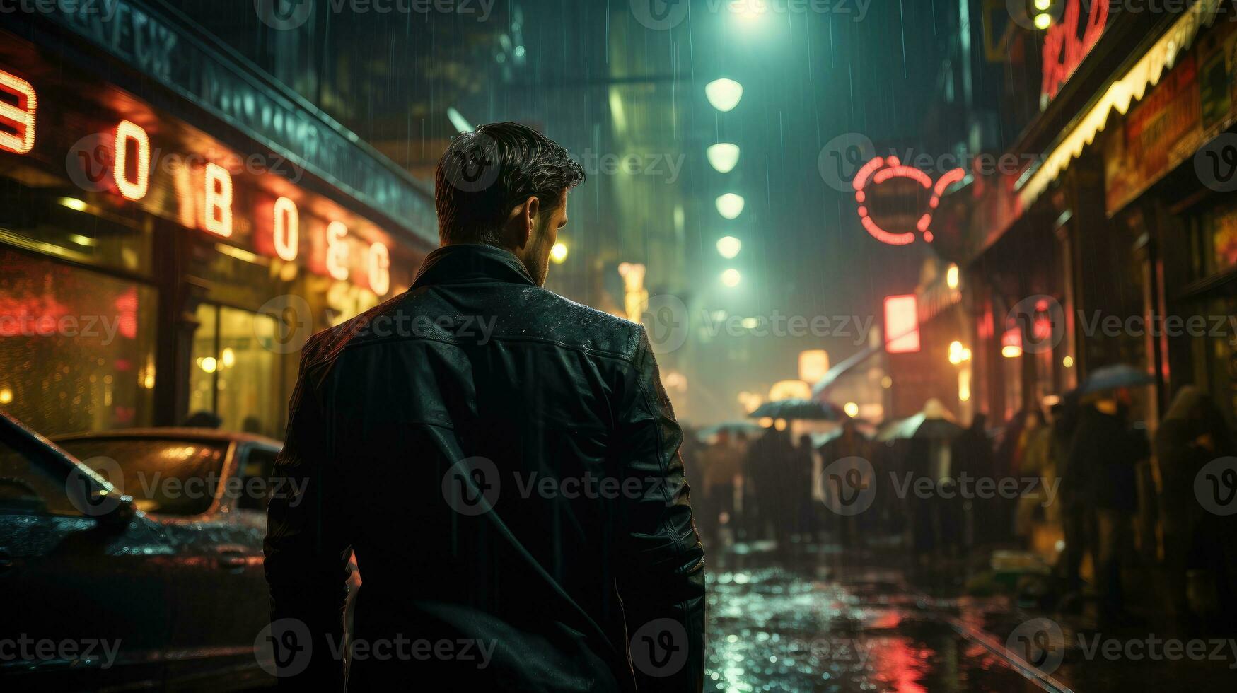 An Italian undercover agent wearing a black tuxedo and trench coat enters a dark and dangerous-looking alley. photo