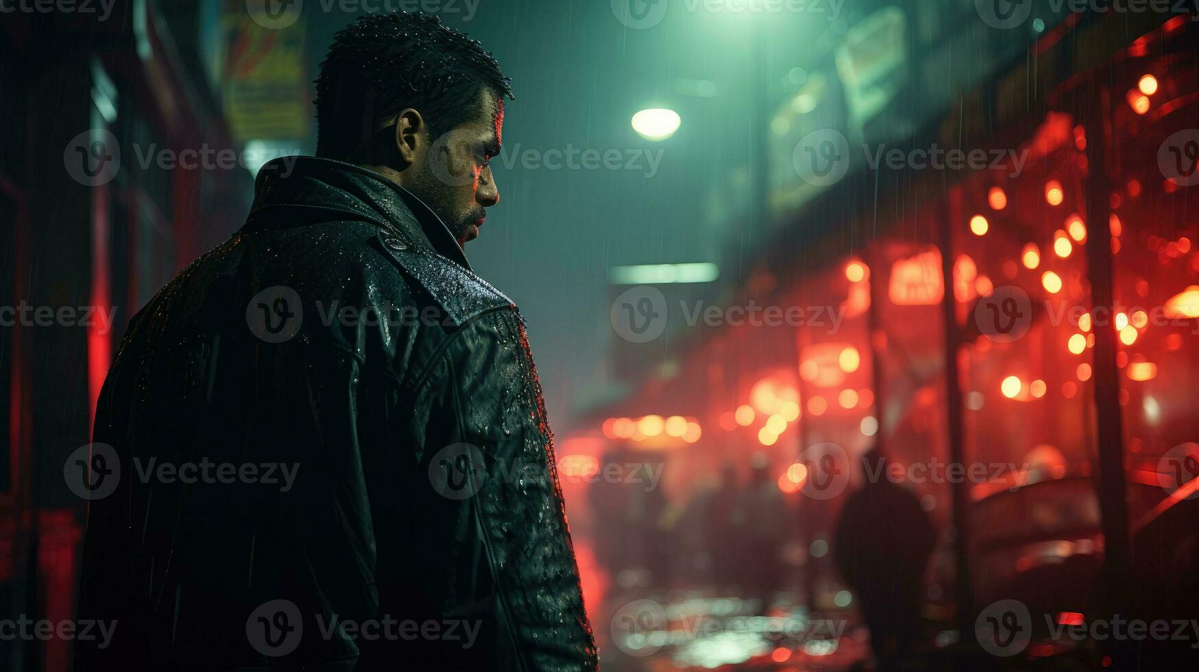 An Italian undercover agent wearing a black tuxedo and trench coat enters a dark and dangerous-looking alley. photo