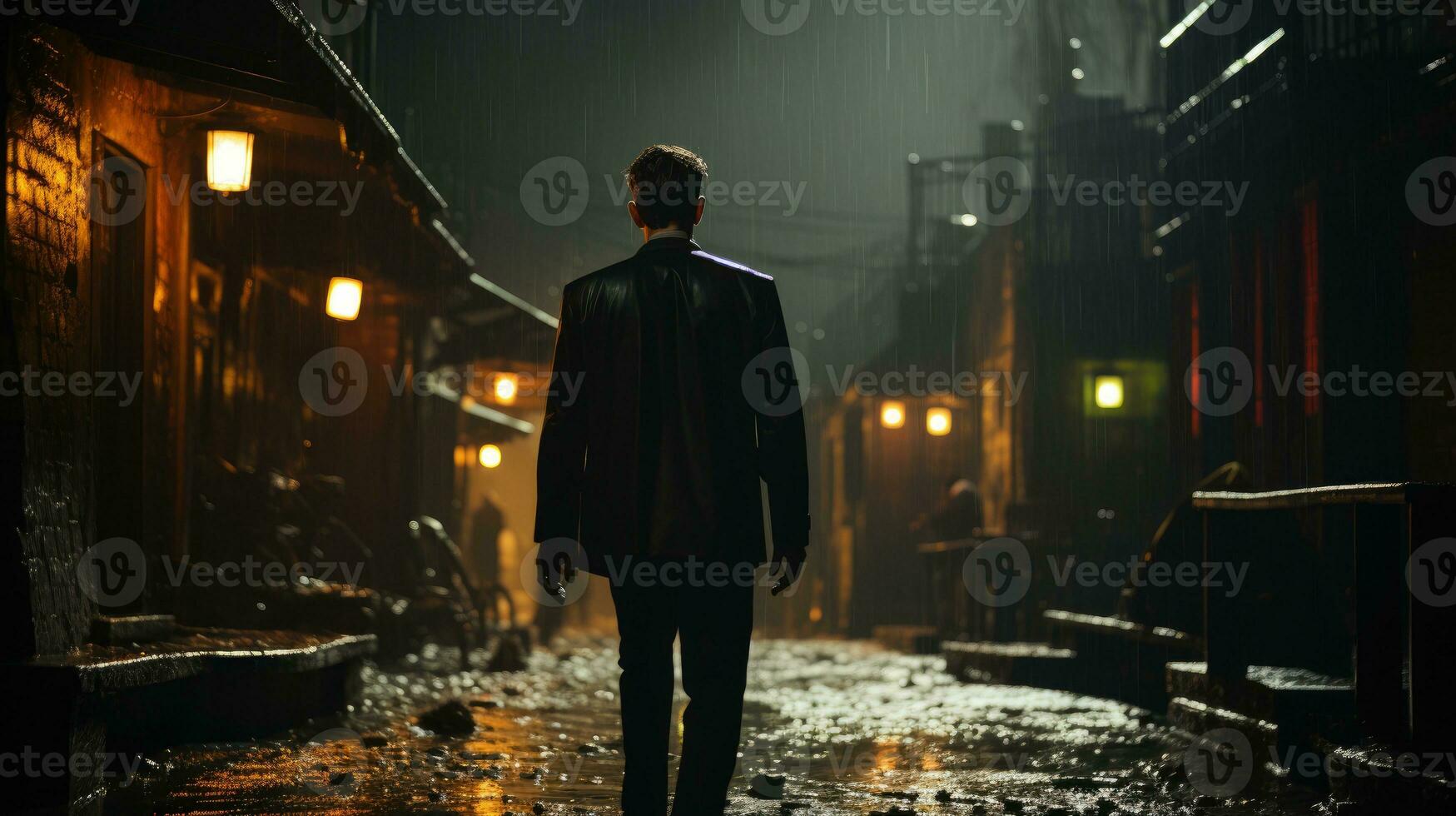 An Italian undercover agent wearing a black tuxedo and trench coat enters a dark and dangerous-looking alley. photo