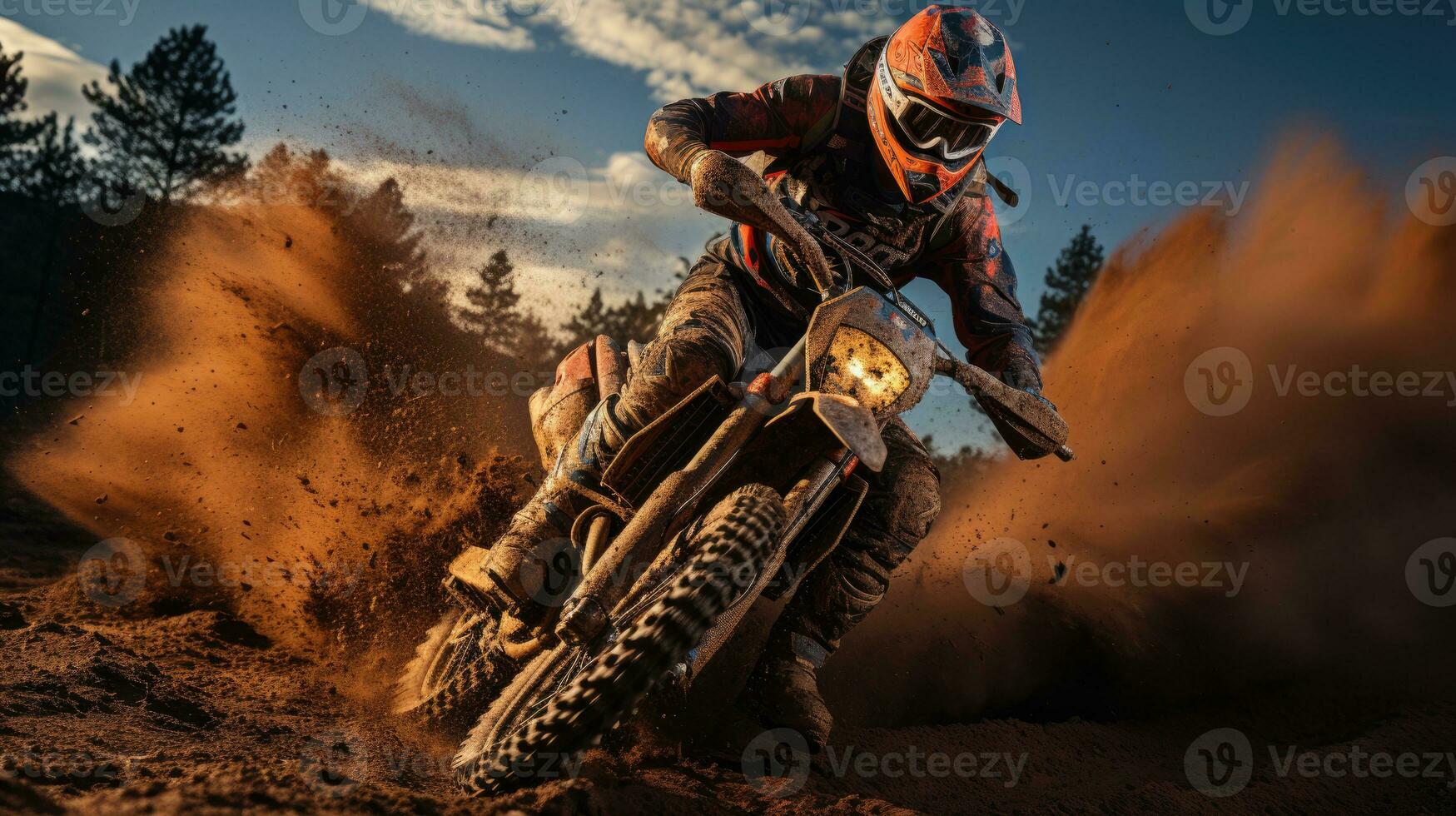 Motocross rider creates a lot of dust and dirt photo