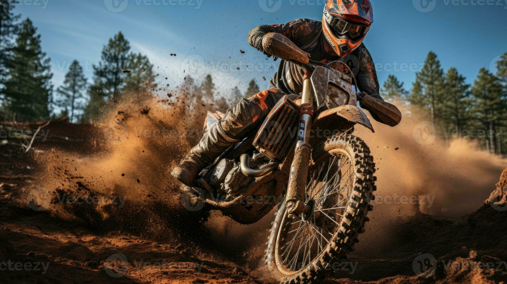 Motocross rider creates a lot of dust and dirt photo