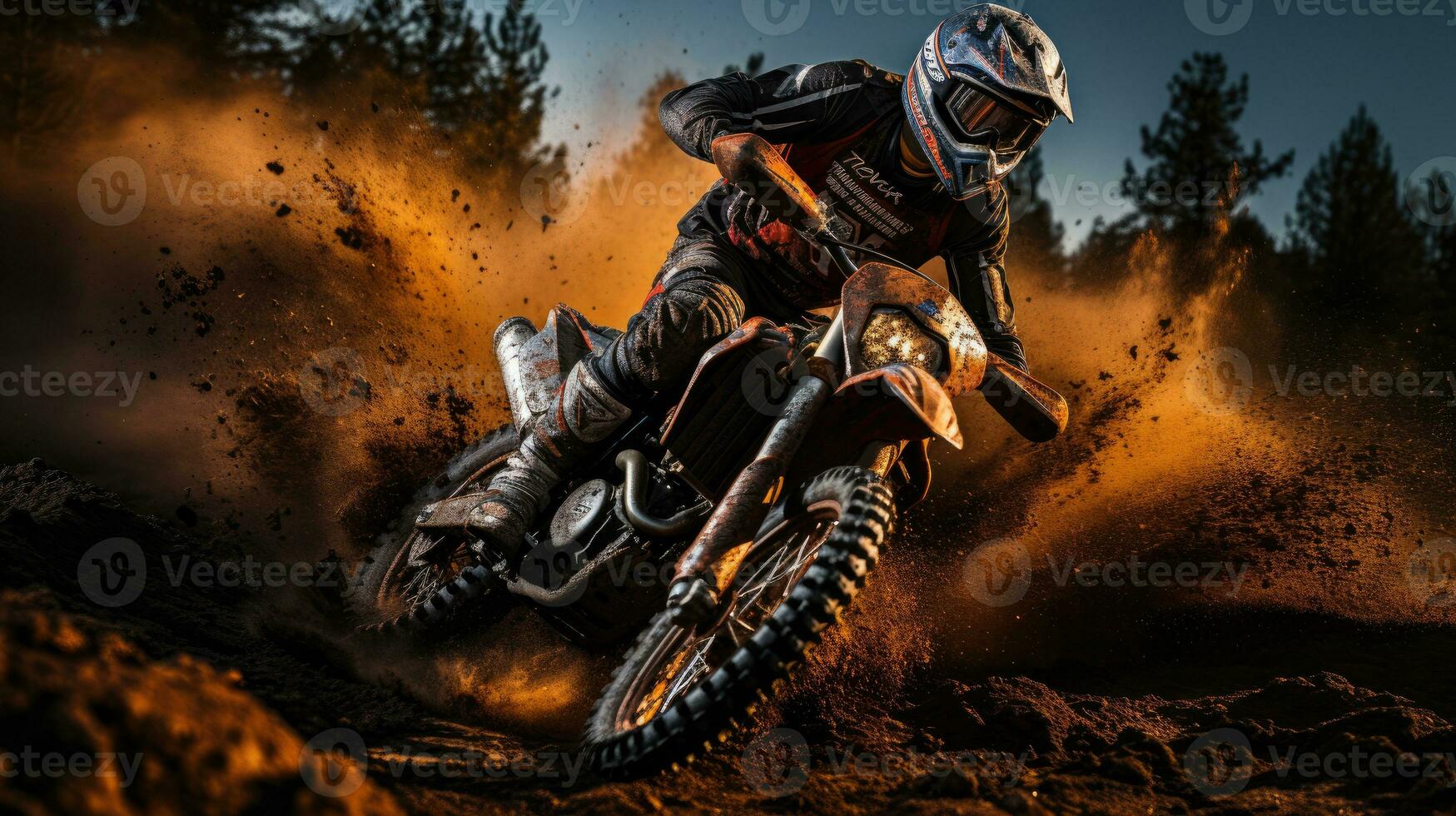 motocross jinete crea un lote de polvo y suciedad foto