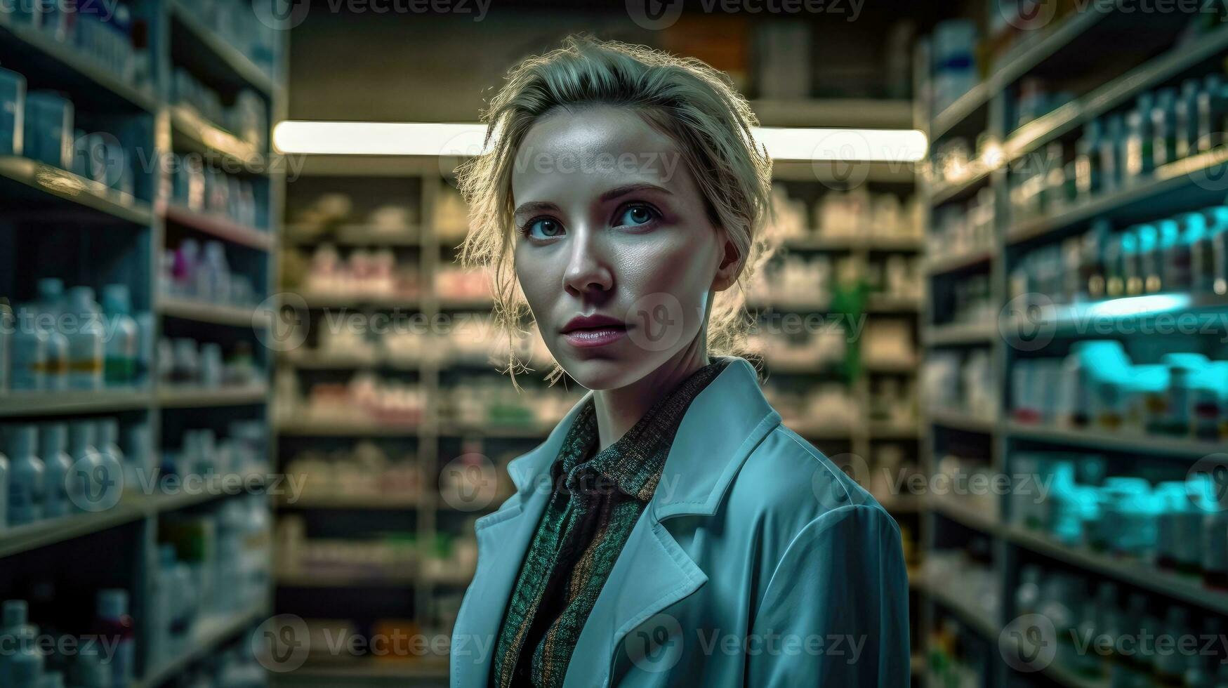 A woman in a lab coat, she stands in front of a well-organized pharmacy shelf. photo